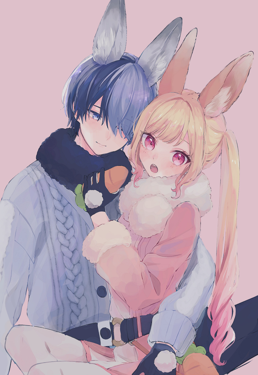 1boy, 1girl, :o, animal_ears, aoyagi_touya, belt, black_gloves, blonde_hair