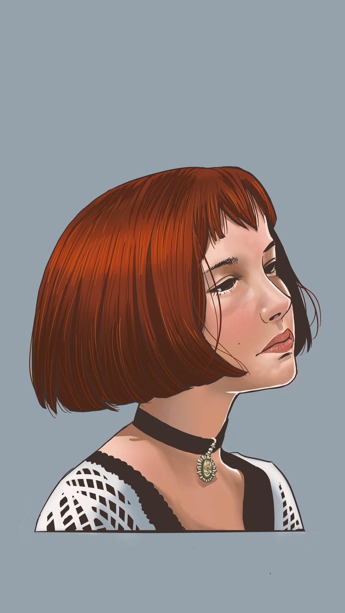 1girl, black_choker, black_eyes, black_shirt, blunt_bangs, blunt_ends, bob_cut, brown_hair, choker, close-up, closed_mouth, commentary, from_side, grey_background, hair_strand, highres, lace-trimmed_sweater, leon_the_professional, lips, looking_afar, looking_ahead, mathilda_lando, narrowed_eyes, nose, pendant_choker, pink_lips, portrait, procreate_(medium), realistic, sankuro_001, shirt, short_hair, solo, sweater, white_sweater