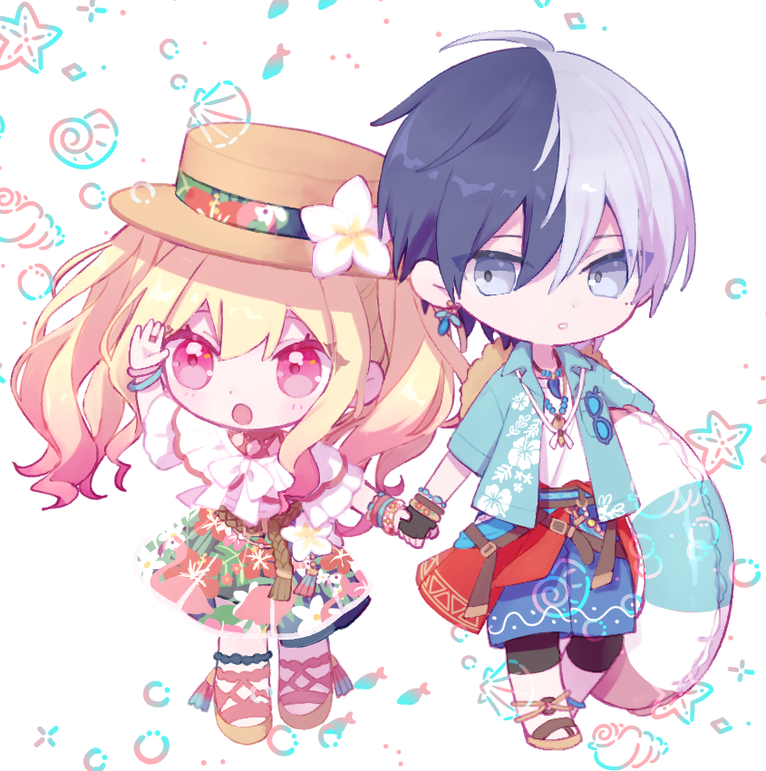 1boy, 1girl, :o, aoyagi_touya, blonde_hair, blue_eyes, blue_hair, bracelet, chibi, commentary, dark_blue_hair, earrings, ebi_(yzpiyo039), floral_print, flower, full_body, gradient_hair, hat, holding, holding_hands, holding_innertube, innertube, jewelry, long_hair, looking_at_another, multicolored_hair, open_mouth, parted_lips, pink_eyes, pink_hair, project_sekai, seashell, shell, short_hair, split-color_hair, standing, sunglasses, tenma_saki, twintails, two-tone_hair