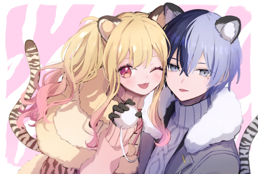 1boy, 1girl, animal_ears, animal_print, aoyagi_touya, black_gloves, blonde_hair, blue_eyes