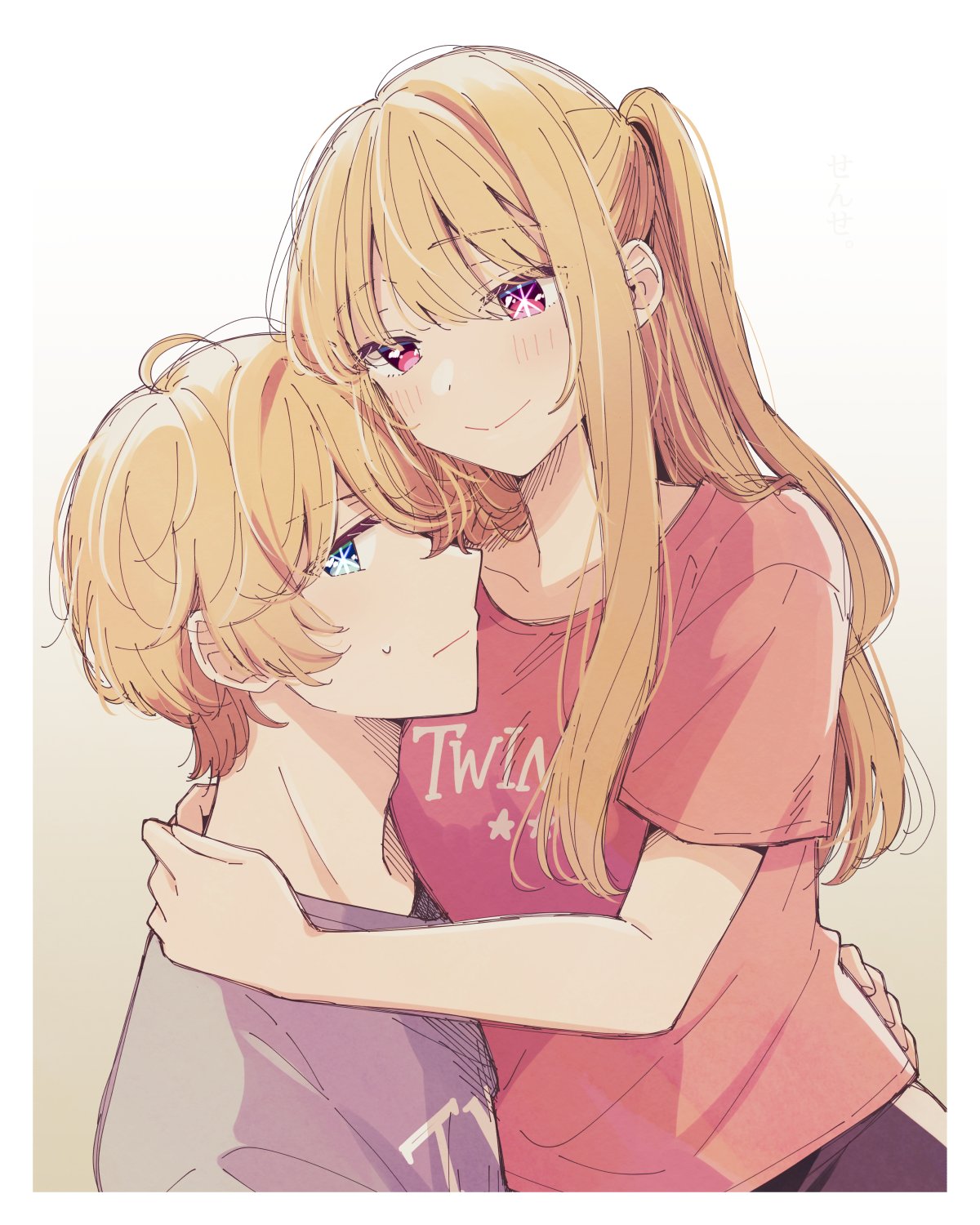 1boy, 1girl, blonde_hair, blue_eyes, blush, border, brother_and_sister, brown_background, closed_mouth, collarbone, commentary, english_text, gradient_background, highres, hoshino_aquamarine, hoshino_ruby, hug, incest, long_hair, looking_at_viewer, looking_to_the_side, mismatched_pupils, no_pupils, one_side_up, oshi_no_ko, pink_eyes, pink_shirt, purple_shirt, shirt, short_hair, short_sleeves, siblings, sidelocks, smile, sunohara_(marble0131), sweatdrop, t-shirt, twincest, twins, upper_body, white_background, white_border