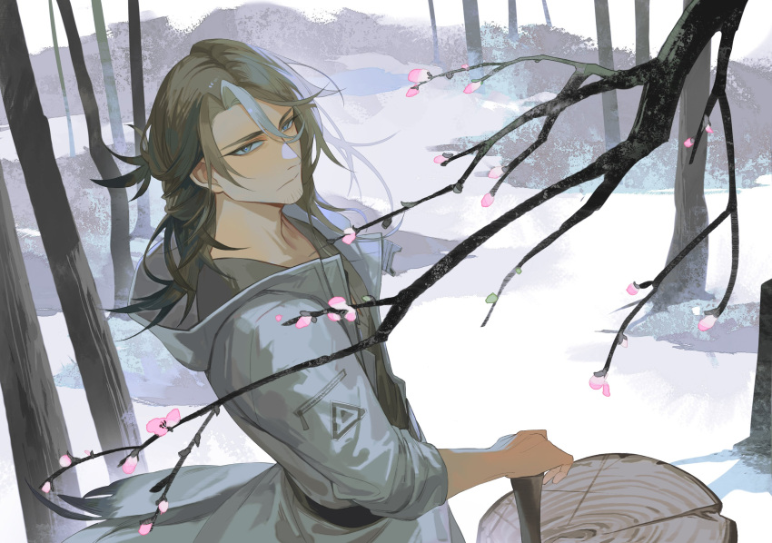 1boy, arknights, bare_tree, black_shirt, blue_eyes, brown_hair, cherry_blossoms, closed_mouth