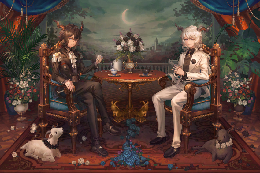 2boys, animal_ears, arknights, ascot, balcony, black_flower, black_footwear, black_hair, black_jacket, black_pants, black_rose, black_shirt, black_suit, blue_flower, blue_rose, boutonniere, brooch, buttoned_cuffs, carpet, chair, clouds, collared_shirt, crescent_moon, crossed_legs, cup, curtains, ebenholz_(arknights), epaulettes, flower, full_body, goat, goat_boy, goat_ears, goat_horns, green_sky, hair_between_eyes, hebbtia, highres, holding, holding_flower, horns, indoors, interlocked_fingers, jacket, jewelry, kreide_(arknights), lapels, long_hair, long_sleeves, looking_at_viewer, low_ponytail, male_focus, moon, multiple_boys, notched_lapels, open_clothes, open_jacket, own_hands_together, pants, pendant, pink_flower, pink_rose, plant, red_flower, red_rose, rose, saucer, shirt, shoes, sitting, smile, suit, table, teacup, teapot, vase, violet_eyes, white_ascot, white_flower, white_jacket, white_pants, white_rose, white_suit