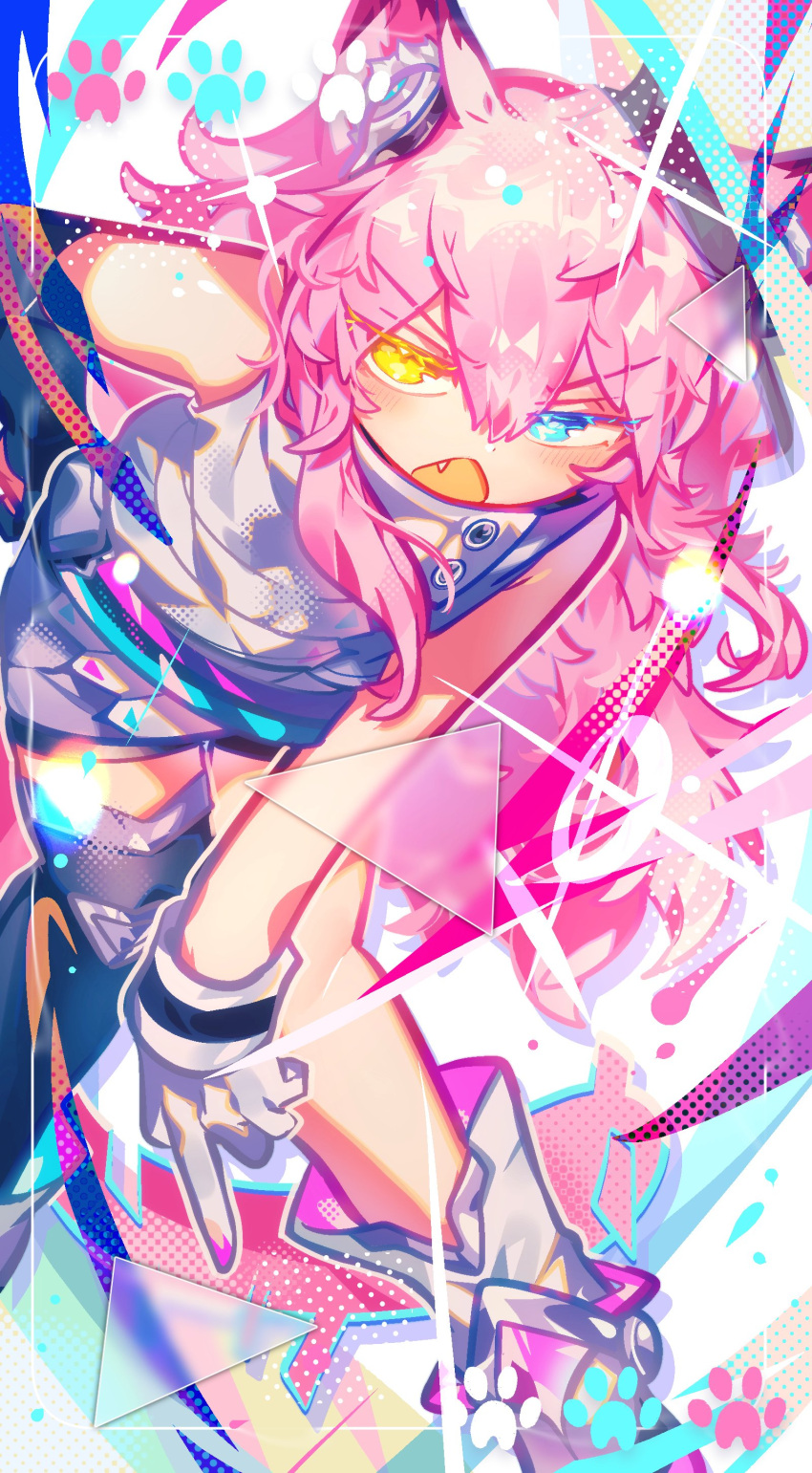 1girl, absurdres, ai.mi_(omega_strikers), animal_ears, asymmetrical_legwear, blue_eyes, cat_ears, cat_girl, full_body, heterochromia, highres, long_hair, looking_at_viewer, omega_strikers, omoyu_(nakyu715), open_mouth, pink_hair, yellow_eyes
