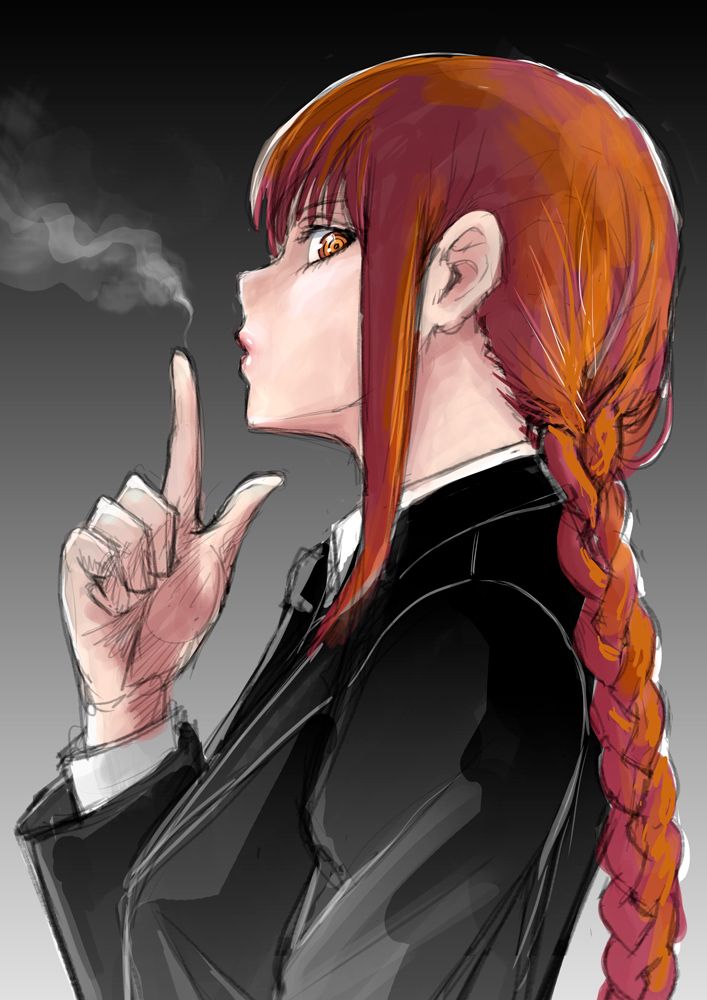 1girl, albyee, black_background, black_jacket, braid, braided_ponytail, chainsaw_man, commentary