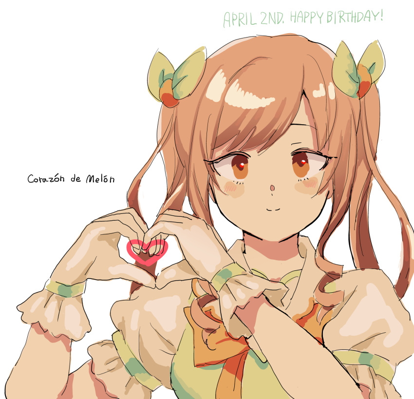1girl, breasts, brown_eyes, brown_hair, character_name, commentary_request, gloves, happy_birthday, heart, heart_hands, highres, kojima_terashi, lovely_melon, ponkotsu_hero_eileen, puffy_short_sleeves, puffy_sleeves, short_sleeves, small_breasts, smile, solo, spanish_text, translation_request, twintails, upper_body, white_gloves