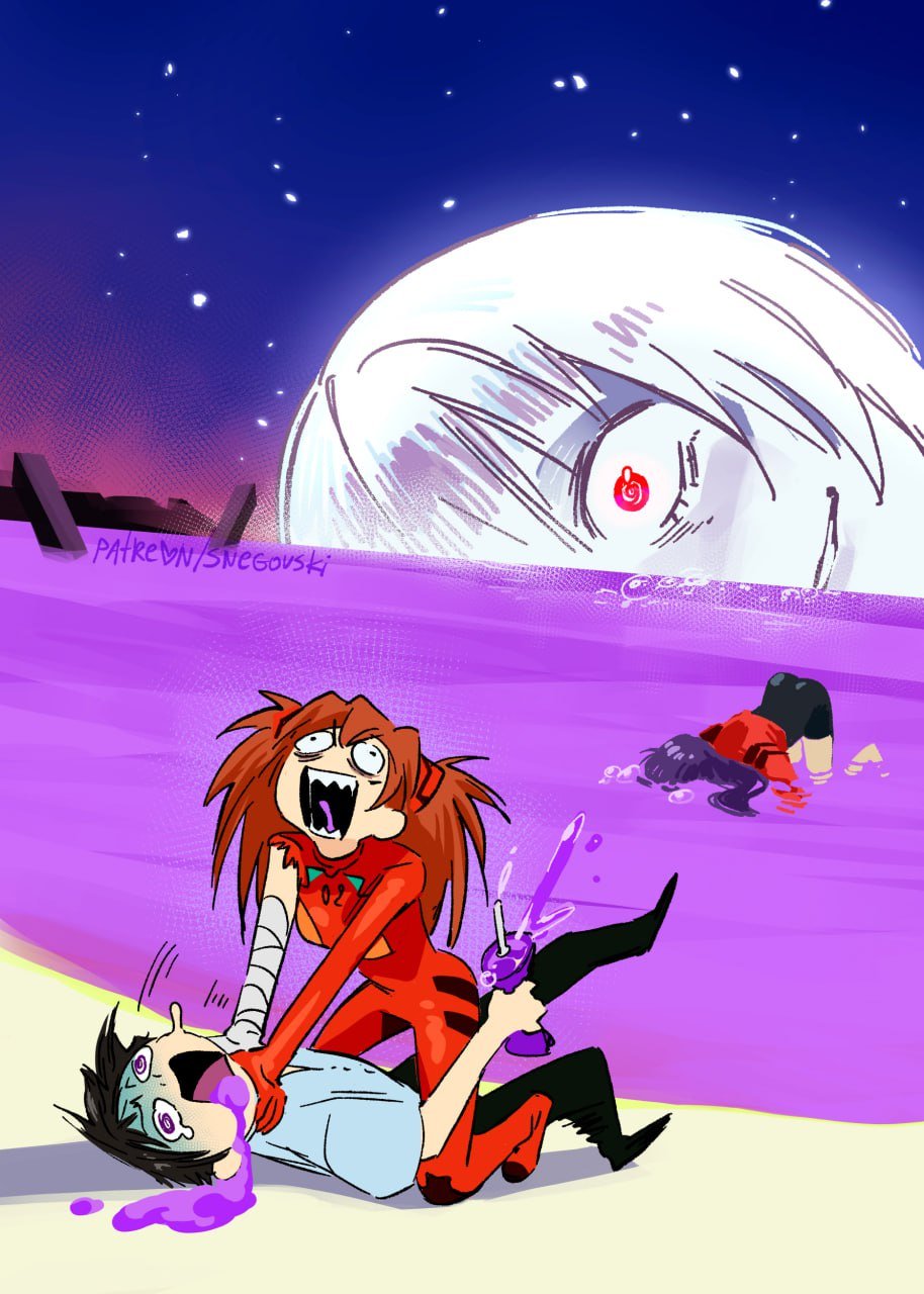 1boy, 3girls, @_@, ayanami_rei, bandaged_arm, bandages, black_hair, brown_hair, bubble, commentary, english_commentary, grimace_shake_(meme), highres, ikari_shinji, katsuragi_misato, mcdonald's, meme, multiple_girls, neon_genesis_evangelion, patreon_username, plugsuit, purple_hair, sharp_teeth, snegovski, souryuu_asuka_langley, strangling, teeth, top-down_bottom-up, turn_pale, white_hair