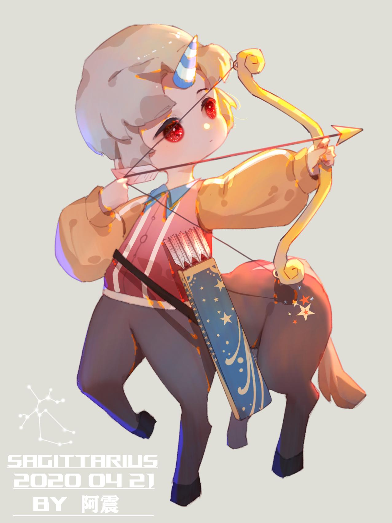 1boy, archery, arrow_(projectile), artist_name, bow_(weapon), centaur, chibi, closed_mouth, dated, drawing_bow, full_body, grey_background, grey_hair, highres, holding, holding_bow_(weapon), holding_weapon, horns, long_sleeves, looking_to_the_side, multiple_legs, original, puffy_long_sleeves, puffy_sleeves, quiver, red_eyes, red_shirt, sagittarius_(constellation), sagittarius_(zodiac), shirt, short_hair, single_horn, solo, standing_on_three_legs, taur, weapon, yellow_sleeves, yi_er_san