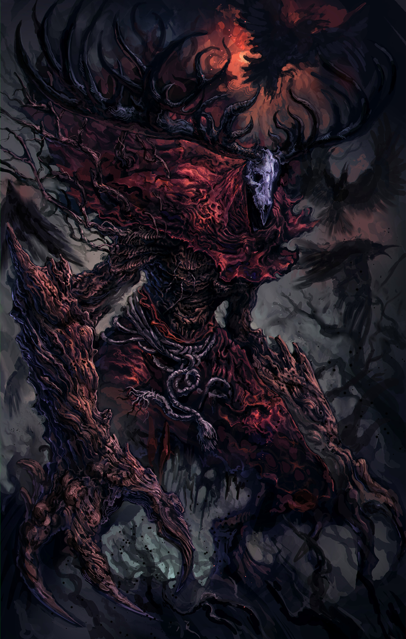 antlers, carpet-crawler, commentary, creature, deer_antlers, english_commentary, fantasy, highres, horror_(theme), leshen, looking_at_viewer, monster, no_humans, outdoors, skull, the_witcher_(series)