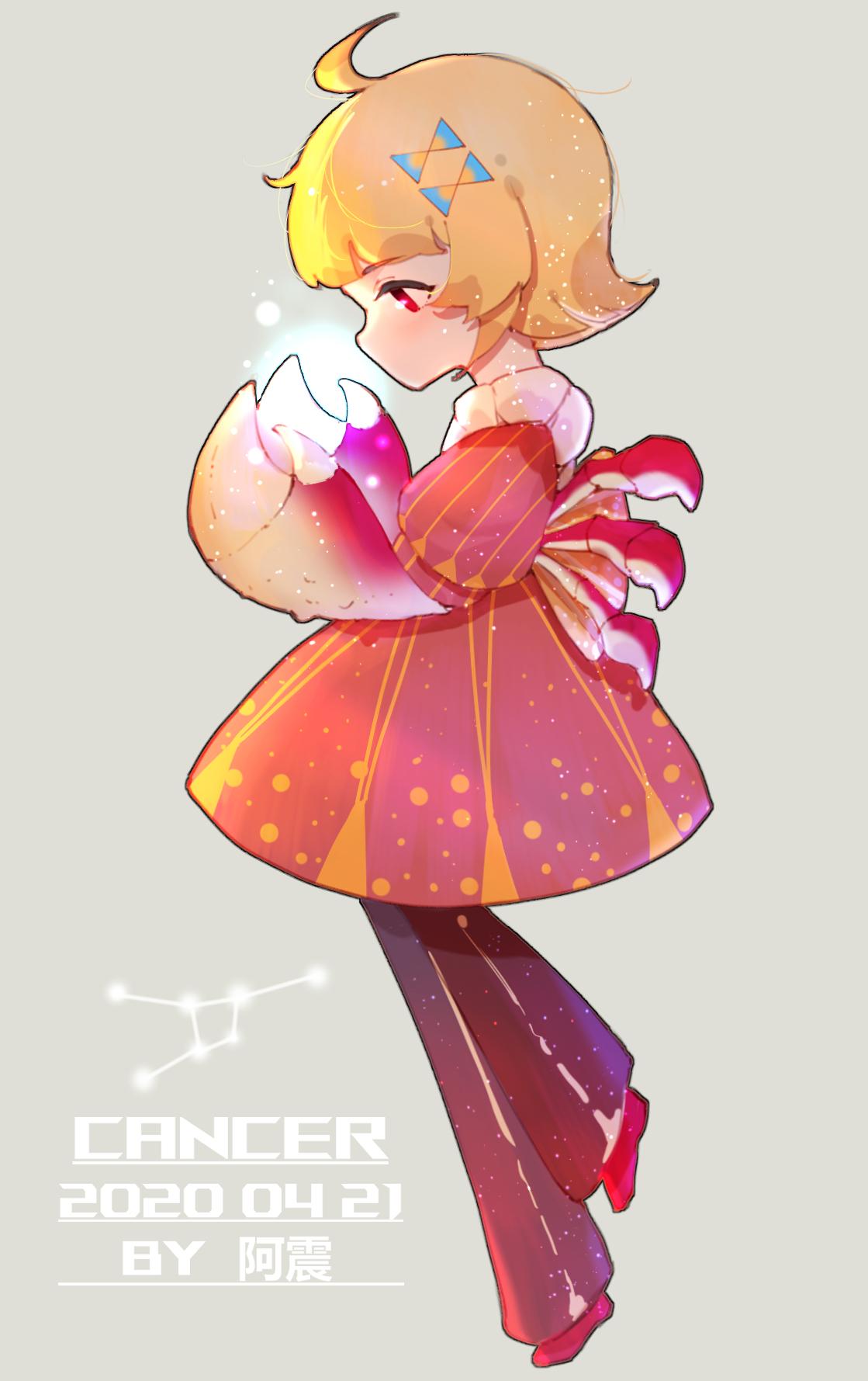 1girl, ahoge, arthropod_girl, artist_name, blonde_hair, blunt_bangs, bow, cancer_(constellation)