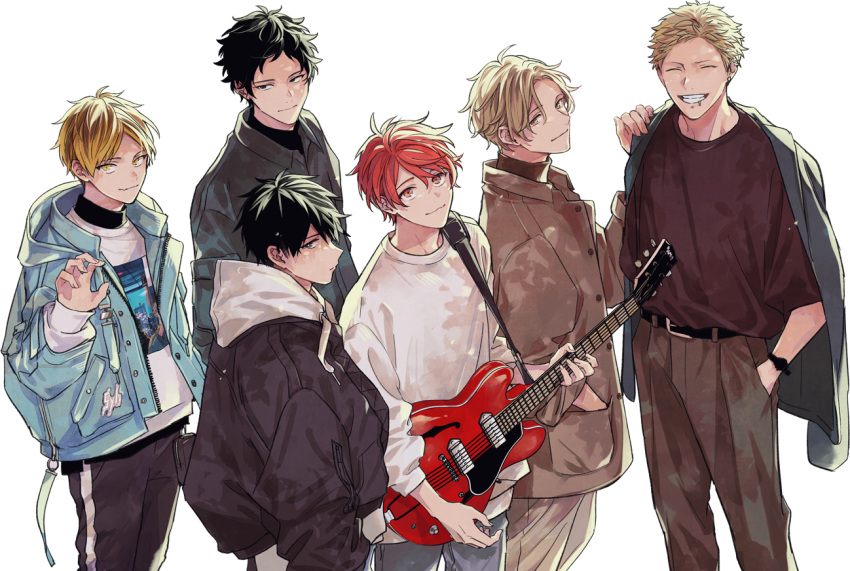 6+boys, bishounen, black_hair, black_jacket, blonde_hair, border, closed_eyes, closed_mouth