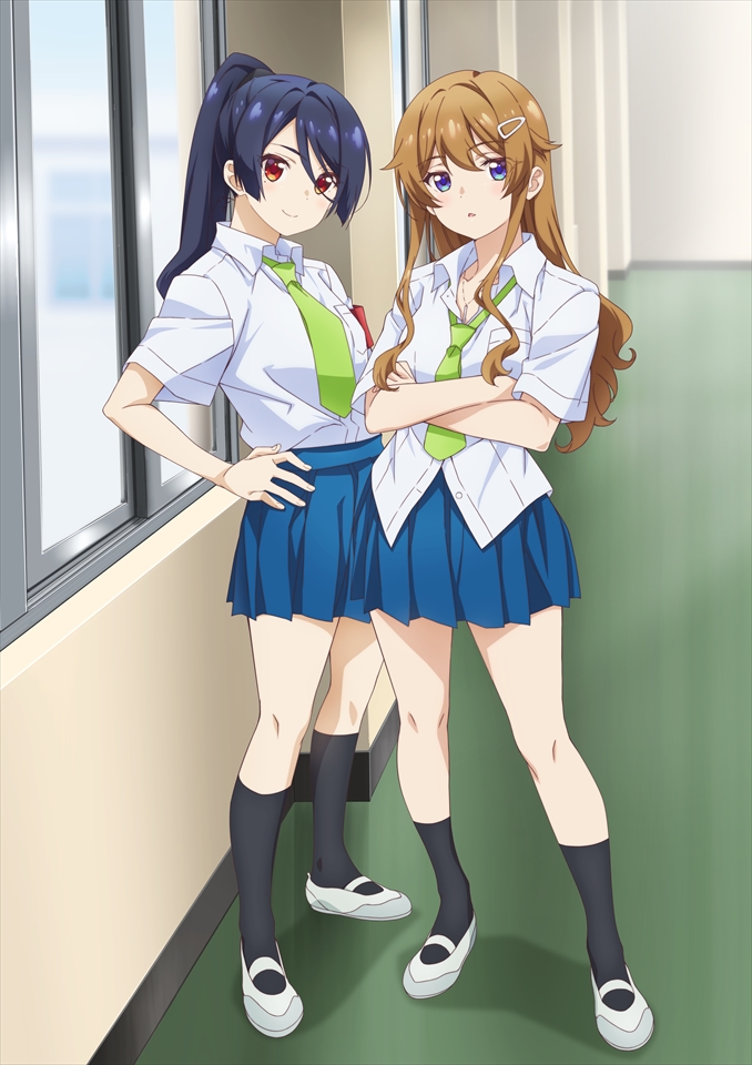2girls, black_hair, black_socks, blue_eyes, blue_skirt, collared_shirt, crossed_arms, green_necktie