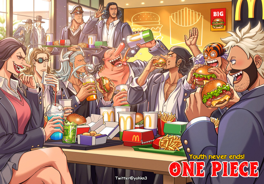 1girl, 6+boys, alternate_costume, arms_up, avalo_pizarro, beard, black_hair, blue_hair