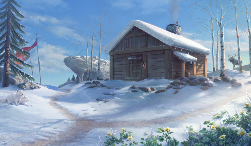 animal, blue_sky, blunell_(artist), cabin, chimney, commentary, english_commentary, flower