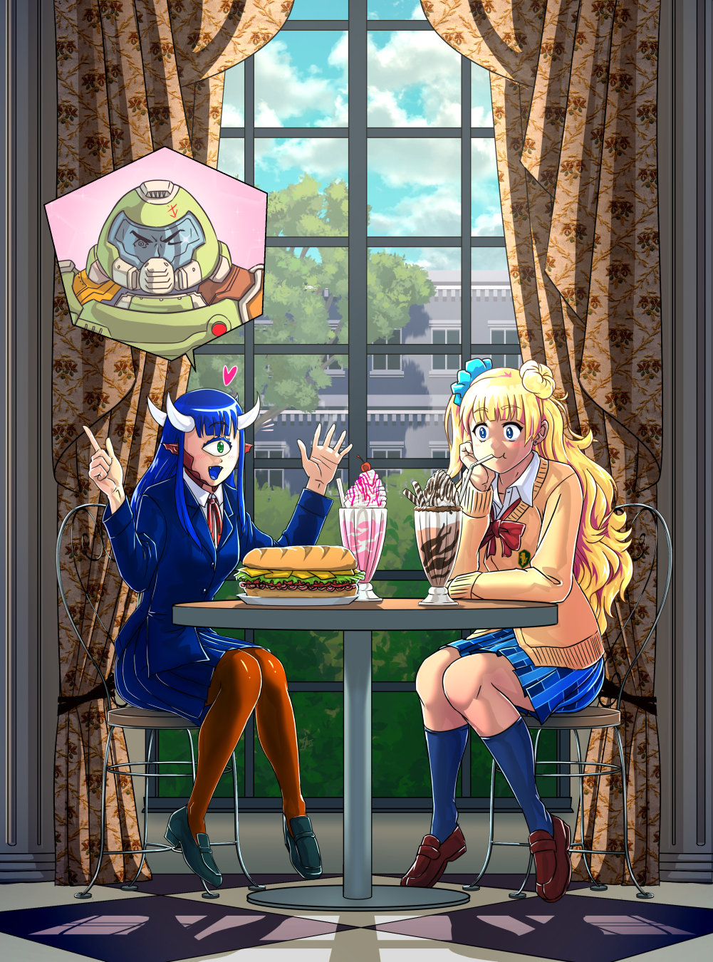 1boy, 2girls, asymmetrical_hair, blazer, blonde_hair, blue_eyes, blue_hair, blue_scrunchie, blue_skirt, blush, cacodemon, cardigan, chair, clouds, cloudy_sky, commission, crossover, curtains, cyclops, day, demon_horns, doom_(series), doomguy, food, galko, green_eyes, gyaru, hair_bun, hair_ornament, hair_scrunchie, hand_on_own_chin, hands_up, heart, highres, horns, ice_cream, indoors, jacket, kneehighs, loafers, long_hair, long_sleeves, mark_of_the_doom_slayer, monster_girl, multiple_girls, multiple_horns, one-eyed, one_eye_closed, open_mouth, oshiete!_galko-chan, pantyhose, personification, pleated_skirt, pointy_ears, praetor_suit, sandwich, school_uniform, scrunchie, shoes, single_side_bun, sitting, skirt, sky, socks, substance20, sundae, table, utensil_in_mouth, window