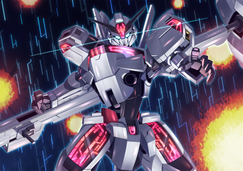 beam_cannon, blue_eyes, commentary, energy_cannon, explosion, glowing, glowing_eyes, gundam