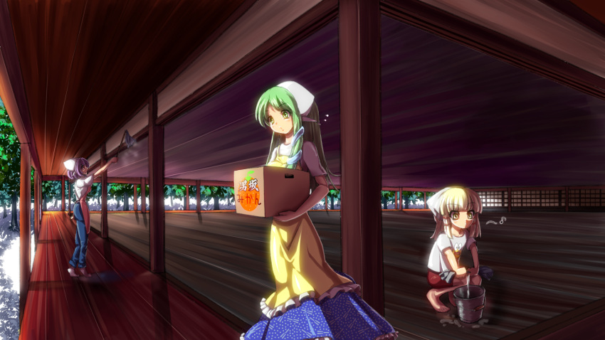 apron, blonde_hair, bucket, carrying, cleaning, duster, gloves, green_hair