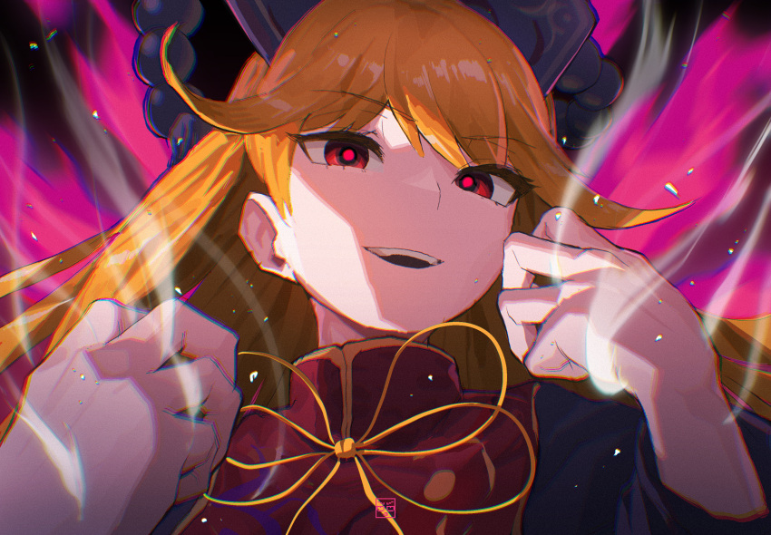 1girl, artist_logo, aura, black_dress, black_headwear, blast-7, commentary_request, dress