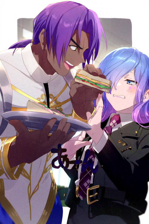 1boy, 1girl, belt, bhima_(fate), bhima_(second_ascension)_(fate), black_belt, black_jacket, blue_eyes, blue_hair, blush, cerejeira_elron, collared_shirt, dark-skinned_male, dark_skin, echo_(circa), fate/grand_order, fate_(series), food, gradient_hair, hair_over_one_eye, holding, holding_food, holding_tray, jacket, long_hair, multicolored_hair, necktie, open_belt, ponytail, purple_hair, purple_necktie, sandwich, shirt, tray, white_shirt, yellow_eyes