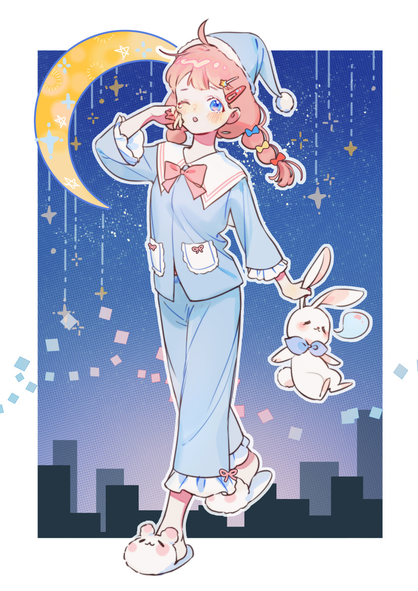 1girl, :o, absurdres, ahoge, animal_slippers, arm_at_side, blue_background, blue_bow, blue_eyes, blue_pants, blue_shirt, blue_sky, blush, border, bow, bowtie, braid, chinese_commentary, cityscape, commentary, crescent, full_body, gradient_sky, hair_bow, hair_ornament, hairclip, hand_up, hidari_(nanmu-left), highres, holding, holding_stuffed_toy, long_hair, looking_at_viewer, low_twin_braids, multicolored_sky, multiple_hair_bows, night, night_sky, nose_bubble, one_eye_closed, original, outline, outside_border, pajamas, pants, pink_bow, pink_bowtie, pink_hair, pink_ribbon, pocket, purple_sky, red_bow, ribbon, sailor_collar, shirt, sky, sleepy, sleeves_past_elbows, slippers, solo, star_(sky), star_(symbol), star_hair_ornament, starry_sky, stuffed_animal, stuffed_rabbit, stuffed_toy, tareme, tears, twin_braids, walking, white_border, white_outline, white_sailor_collar, yawning, yellow_bow