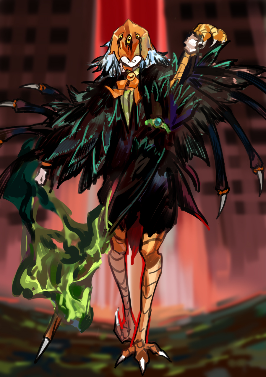 1girl, angela_(project_moon), black_cape, black_shorts, blue_hair, bow, bowtie, cape, clenched_teeth, dream_of_a_black_swan, e.g.o_(project_moon), harpy, highres, holding, holding_umbrella, library_of_ruina, mask, monster_girl, nishikujic, orange_bow, orange_bowtie, project_moon, shorts, solo, talons, teeth, umbrella