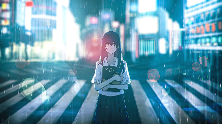 1girl, absurdres, black_skirt, city, crosswalk, highres, holding, holding_notebook
