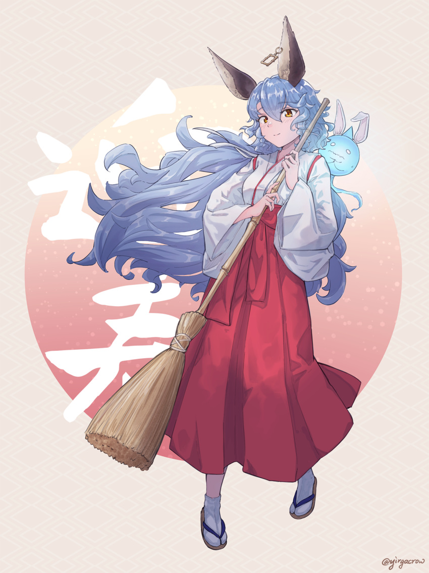 1girl, alternate_costume, animal_ears, blue_hair, broom, closed_mouth, earrings, erune