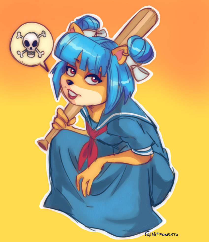 1girl, artist_name, baseball_bat, blue_hair, blue_shirt, blue_skirt, crash_bandicoot_(series), delinquent, furry, furry_female, gradient_background, highres, holding, holding_baseball_bat, looking_at_viewer, medium_hair, megumi_(crash_bandicoot), necktie, nitroneato, orange_background, pink_eyes, red_necktie, shirt, simple_background, skirt, skull_and_crossbones, slav_squatting, solo, speech_bubble, spoken_skull, squatting, sukeban