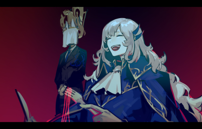 1boy, 1girl, argalia_(library_of_ruina), ascot, black_jacket, blue_cape, blue_jacket, blue_necktie, cape, closed_eyes, collared_jacket, collared_shirt, eileen_(library_of_ruina), fork, gears, gold_trim, holding, holding_fork, holding_knife, jacket, knife, letterboxed, library_of_ruina, long_hair, long_sleeves, necktie, nishikujic, open_mouth, project_moon, shirt, smile, veil, very_long_hair, white_ascot, white_hair, white_shirt, wing_collar