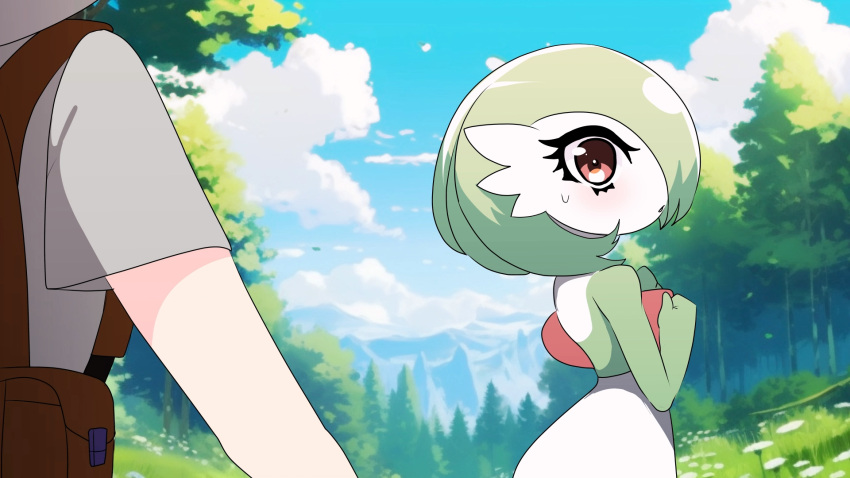 1boy, 1girl, backpack, bag, blue_sky, blush, bob_cut, clouds, colored_skin, commentary, day, english_commentary, florian_(pokemon), forest, from_side, gardevoir, grapeanime, green_hair, green_skin, grey_shirt, hands_up, highres, light_blush, looking_at_another, looking_back, mountain, multicolored_skin, nature, open_mouth, outdoors, pokemon, pokemon_(creature), pokemon_(game), pokemon_sv, profile, red_eyes, shirt, short_hair, short_sleeves, sky, solo_focus, sweat, tree, two-tone_skin, white_skin