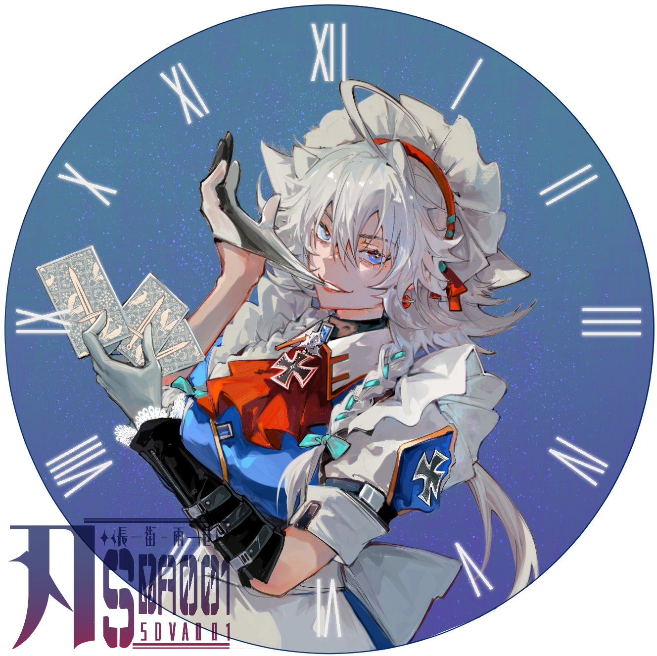 1girl, apron, biting, blue_dress, blue_eyes, border, clock, cross