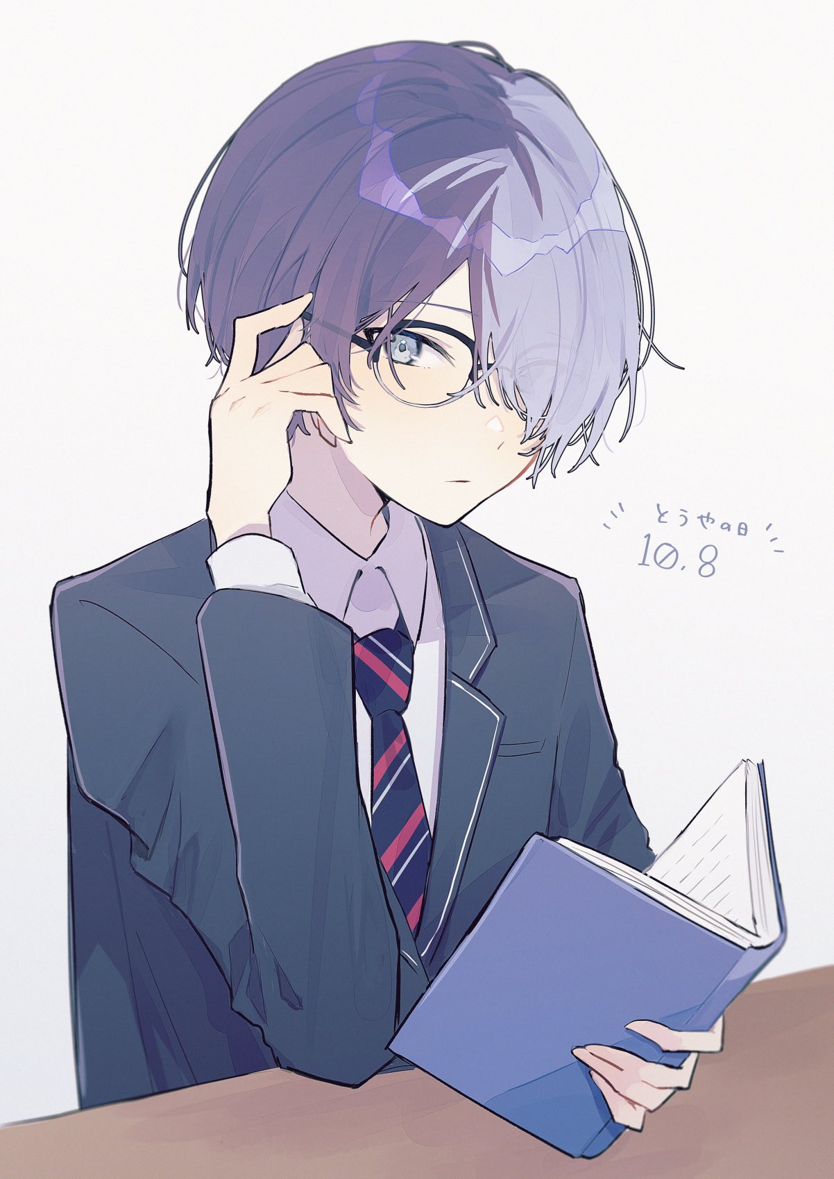 1boy, adjusting_eyewear, aoyagi_touya, bespectacled, blazer, blue_eyes, blue_hair, book