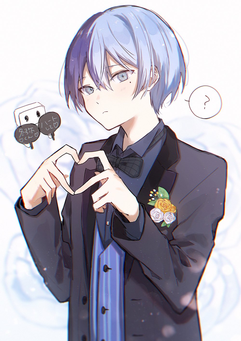 1boy, ?, aoyagi_touya, avatar_(project_sekai), black_bow, black_bowtie, blazer, blue_hair