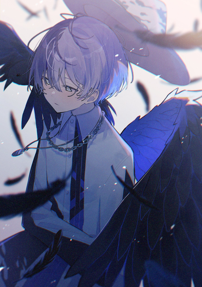 1boy, aoyagi_touya, black_feathers, black_wings, blue_eyes, blue_hair, buttons, chain_necklace