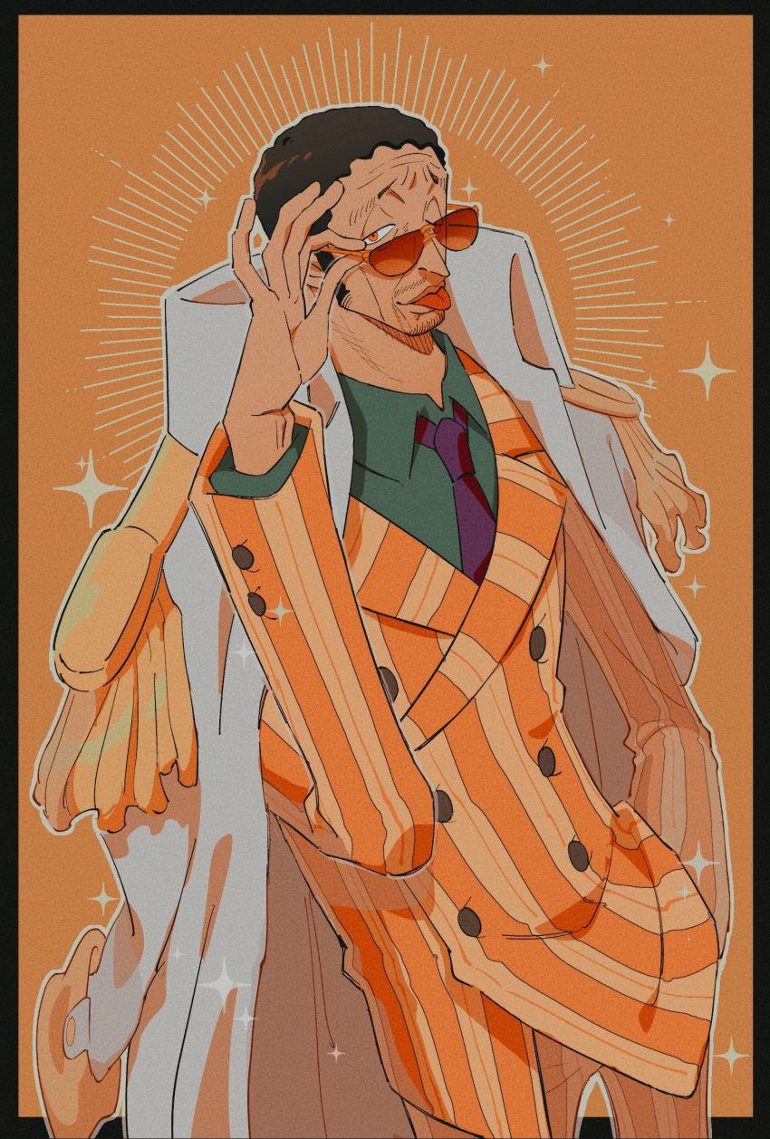 1boy, black_hair, borsalino_(kizaru), coat, coat_on_shoulders, cow, epaulettes, facial_hair