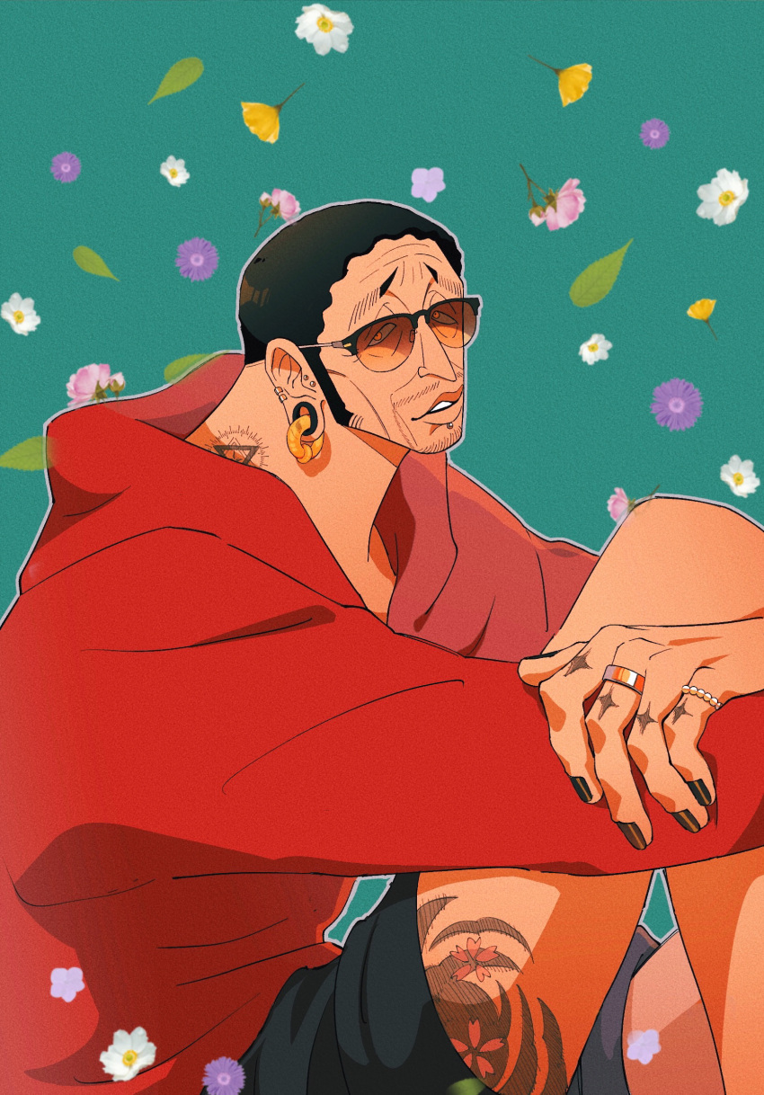 1boy, black_hair, black_nails, borsalino_(kizaru), chin_piercing, earrings, facial_hair, finger_tattoo