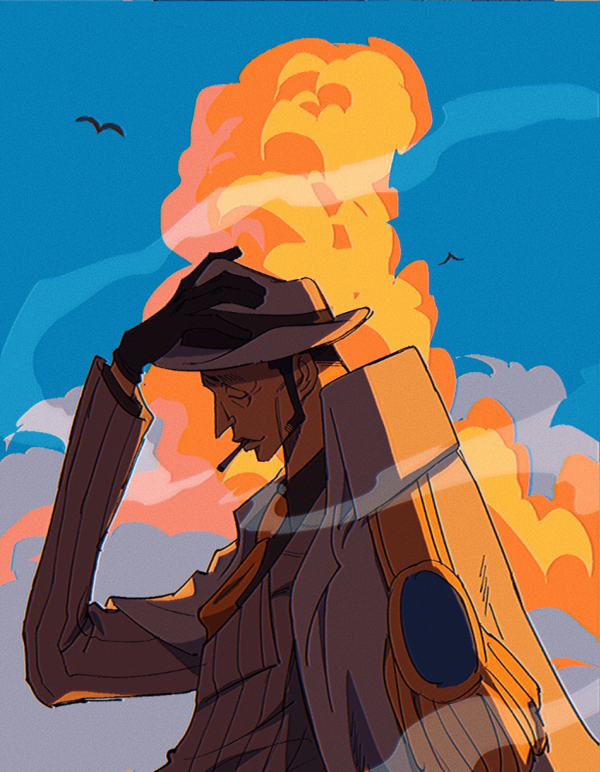 1boy, black_gloves, black_hair, borsalino_(kizaru), cigarette, closed_eyes, coat, coat_on_shoulders