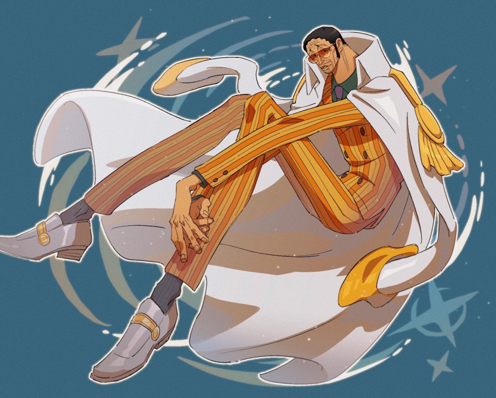 1boy, black_hair, blue_background, borsalino_(kizaru), coat, coat_on_shoulders, epaulettes, facial_hair