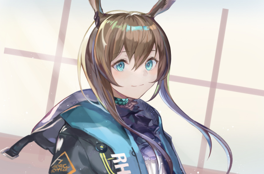 1girl, amiya_(arknights), animal_ears, arknights, blue_eyes, brown_hair, choker, closed_mouth