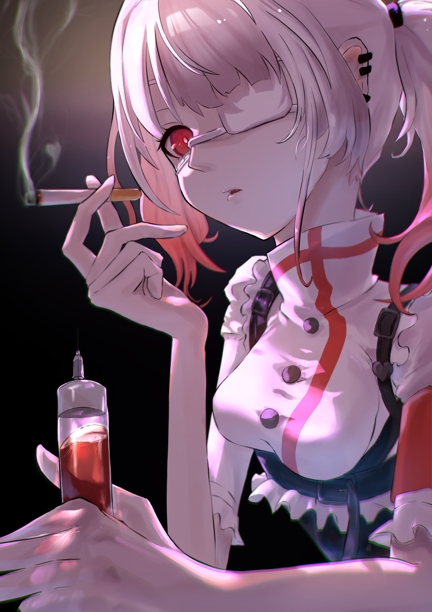 1girl, absurdres, amehachi88, cigarette, dress, ear_piercing, eyepatch, gradient_hair