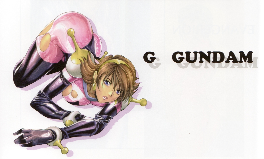 blue_eyes, bodysuit, breasts, brown_hair, earrings, g_gundam, gundam, hairband