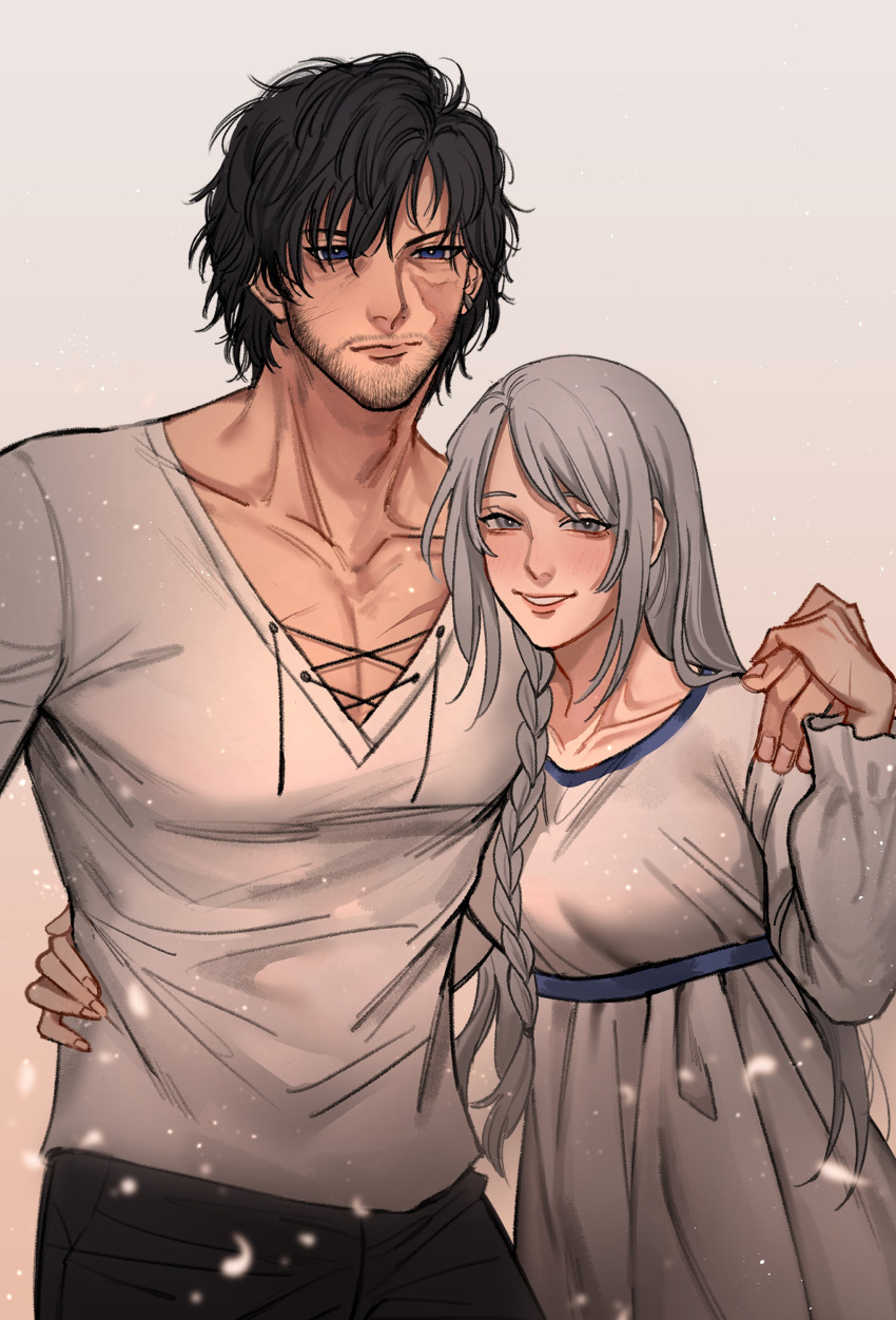 1boy, 1girl, absurdres, arm_around_neck, arm_around_shoulder, arm_around_waist, black_hair, blue_eyes