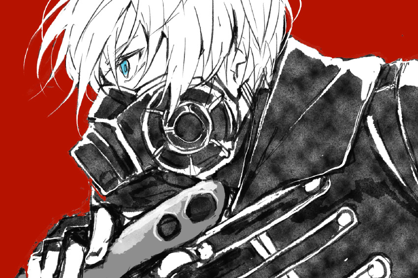 1boy, amichi1005, black_gloves, blue_eyes, code_zero_uniform, fingerless_gloves, gas_mask, gloves