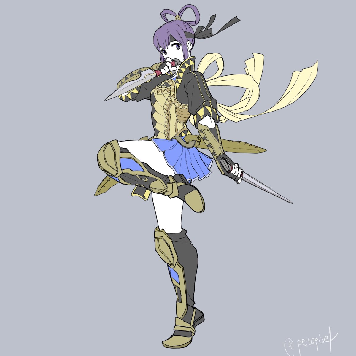 1girl, arm_guards, armor, dagger, dual_wielding, fingerless_gloves, full_body, gensou_suikoden