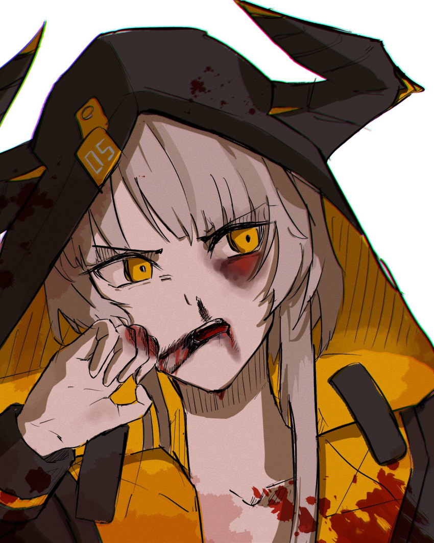 1girl, amehachi88, black_hoodie, blood, blood_on_clothes, blood_on_face, blood_on_hands, grey_hair