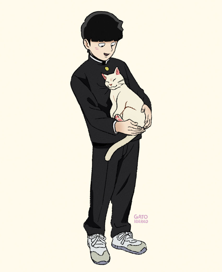 1boy, animal, artist_name, black_hair, black_jacket, black_pants, blunt_bangs, cat