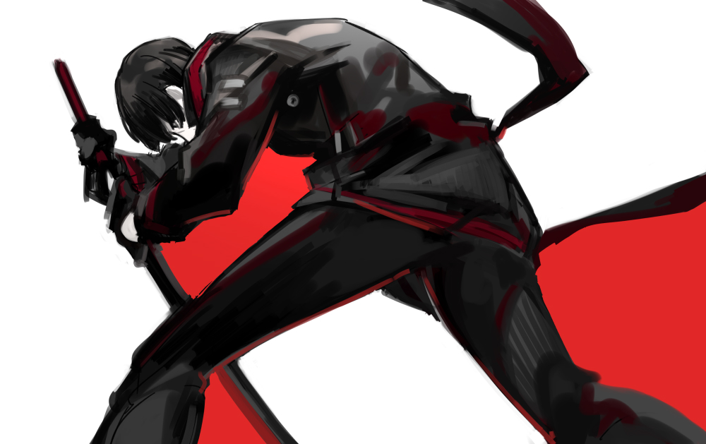 1girl, black_eyes, black_gloves, black_hair, black_jacket, black_pants, gloves, holding