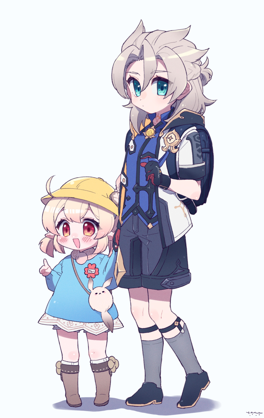 1boy, 1girl, aged_down, albedo_(genshin_impact), alternate_costume, backpack, bag, black_footwear, black_shorts, blonde_hair, bloomers, blue_eyes, blue_shirt, blush, boots, brown_footwear, closed_mouth, dodoco_(genshin_impact), full_body, genshin_impact, gloves, grey_hair, hair_between_eyes, hat, highres, holding_hands, homare_(g_hmr88), jacket, kindergarten_uniform, klee_(genshin_impact), long_hair, long_sleeves, looking_at_viewer, low_twintails, open_clothes, open_jacket, open_mouth, randoseru, red_eyes, scar, scar_on_neck, shirt, shoes, short_sleeves, shorts, simple_background, socks, twintails, underwear, vision_(genshin_impact), white_background, yellow_headwear