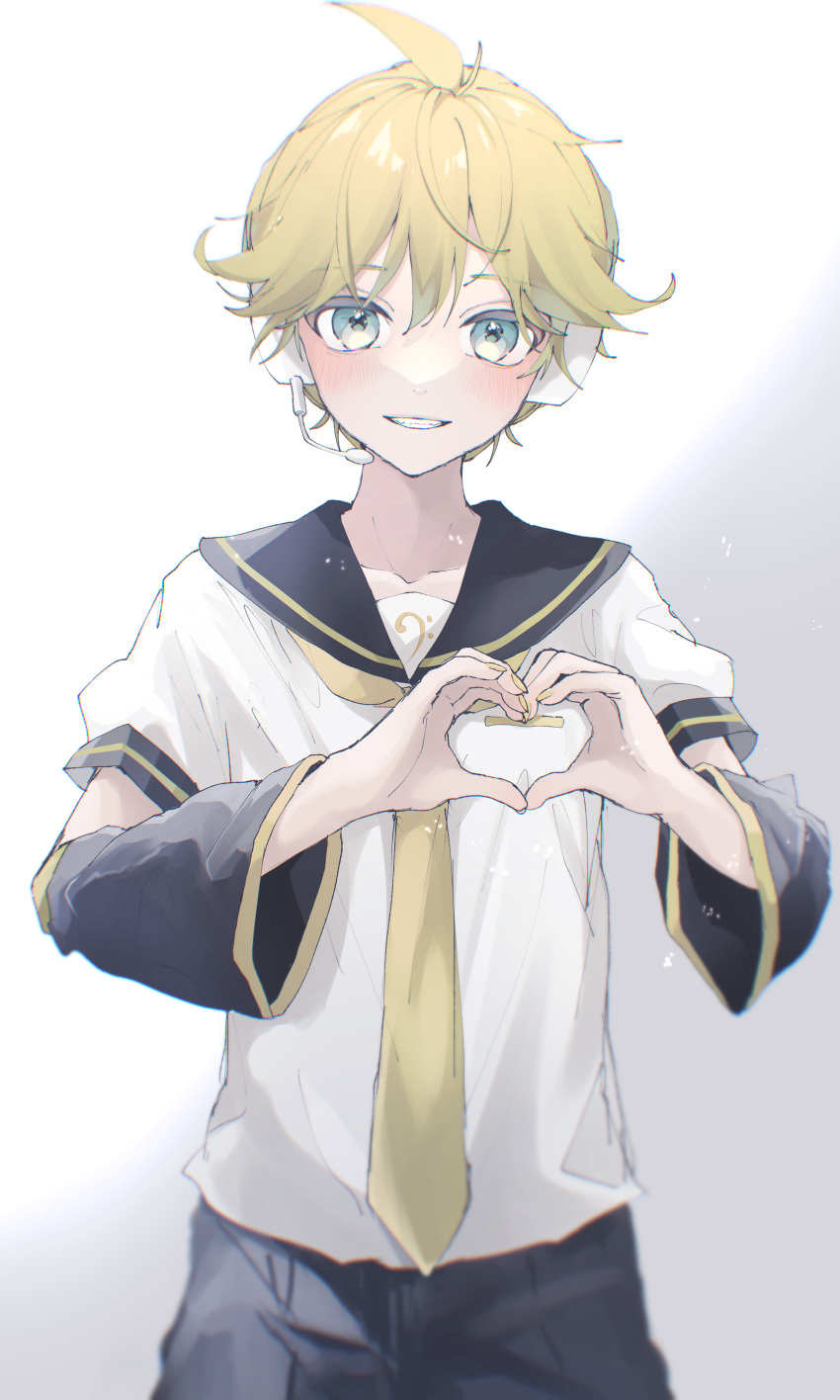 1boy, absurdres, ahoge, black_shorts, blonde_hair, blue_eyes, blush, collarbone, detached_sleeves, fingernails, gradient_background, grey_background, hair_between_eyes, hands_up, headphones, heart, heart_hands, highres, kagamine_len, long_fingernails, long_sleeves, looking_at_viewer, male_focus, microphone, necktie, paripariparingo, puffy_short_sleeves, puffy_sleeves, sailor_collar, shirt, short_hair, short_sleeves, shorts, simple_background, smile, solo, standing, teeth, vocaloid, white_background, white_shirt, wide_sleeves, yellow_necktie