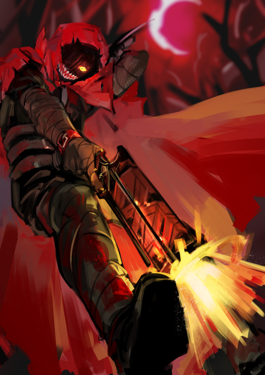 1boy, black_footwear, black_gloves, black_pants, cape, colored_sclera, e.g.o_(project_moon), firing
